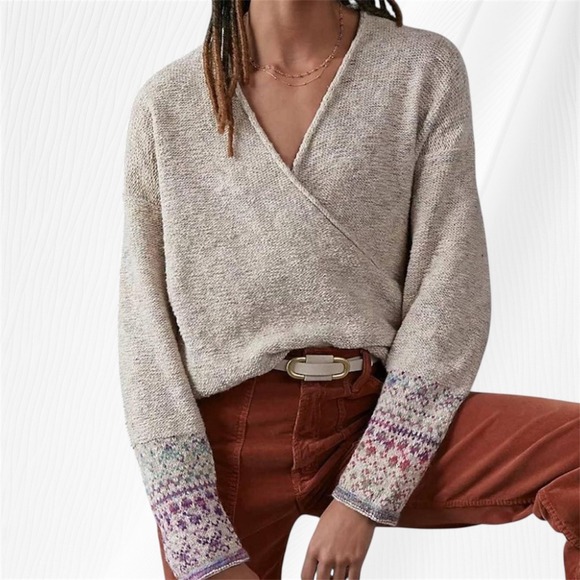 Anthropologie Pilcro Surplice Sweater Small Knit Pullover Fair Isle Cuff - Picture 1 of 13